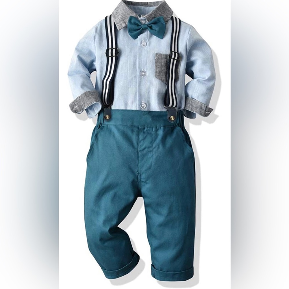 Toddler Long Sleeves Button Down Plaid Shirt + Supspender Pants Set Dress Outfit